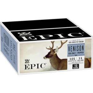 A box of twelve EPIC Venison Sea Salt & Pepper protein bars made with 100% grass-fed venison, perfect for a gluten-free, keto-friendly, or paleo snack.