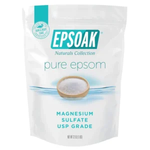 Two pound bag of Epsoak Epsom Salt, a USP grade magnesium sulfate, known for its therapeutic and gardening uses.