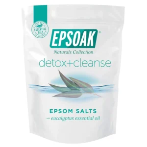 Two pound bag of Epsoak detox bath salts infused with essential oils, Epsom salt, Vitamin E, and Aloe Vera for a rejuvenating and cruelty-free bath experience.
