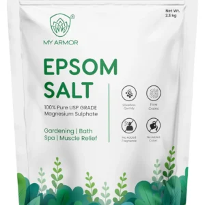 A 2.3 kg bag of MY ARMOR Epsom Salt, a versatile magnesium sulphate product, ideal for soothing sore muscles in baths and enriching garden soil for plant growth.
