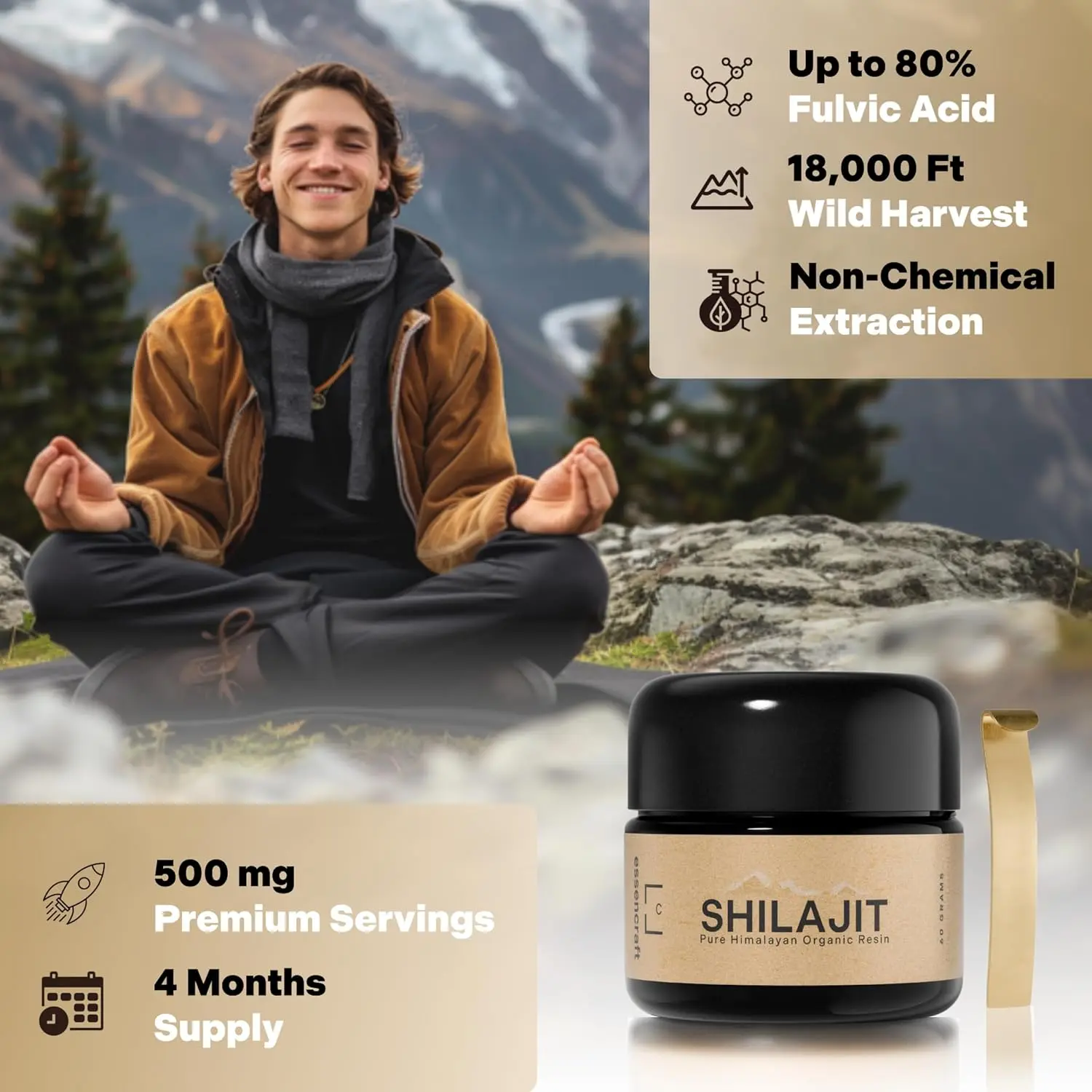 Essencraft Himalayan shilajit resin harvested at 18,000 feet, offering enhanced energy, cognitive performance, and over 85 trace minerals for daily vitality and immune support.
