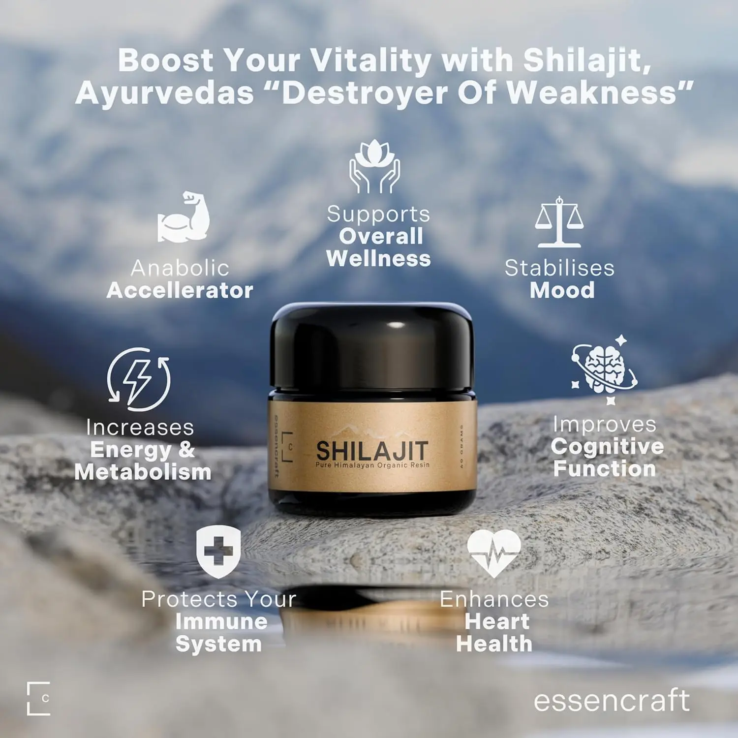 Essencraft Himalayan shilajit resin harvested at 18,000 feet, offering enhanced energy, cognitive performance, and over 85 trace minerals for daily vitality and immune support.