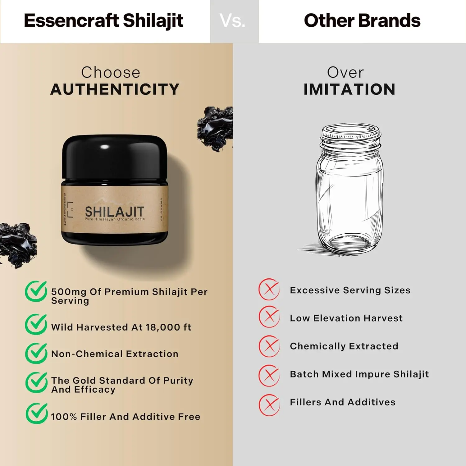 Essencraft Himalayan shilajit resin harvested at 18,000 feet, offering enhanced energy, cognitive performance, and over 85 trace minerals for daily vitality and immune support.