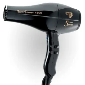 Black ETI professional salon hair dryer, manufactured in Italy, with a power of 2200 to 2600 watts.