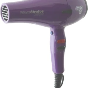 Purple ETI Micro Stratus 3600 professional salon hairdryer with two nozzles, cool shot, 2 speeds, and 4 heat settings delivering 2400 watts of power.