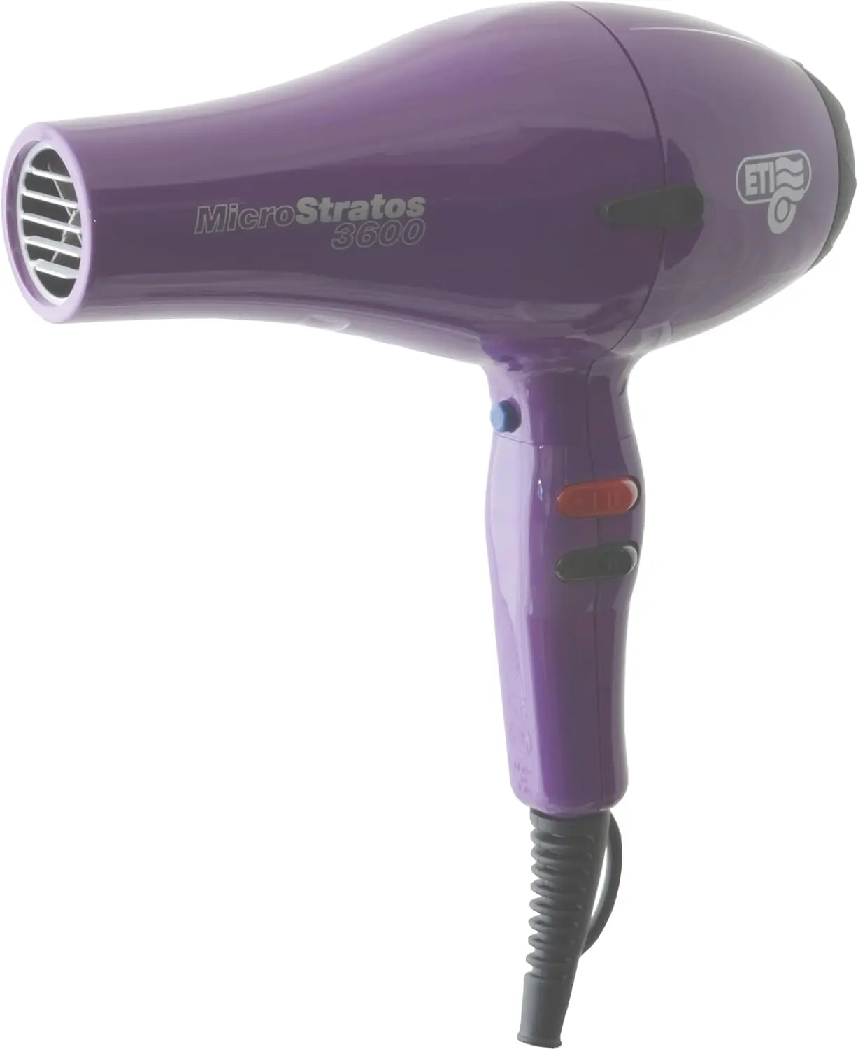 Purple ETI Micro Stratus 3600 professional salon hairdryer with two nozzles, cool shot, 2 speeds, and 4 heat settings delivering 2400 watts of power.