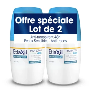 Two Etiaxil 48h anti-perspirant roll-on deodorants provide clinically tested, long-lasting protection against sweat, odor, and marks on clothes, while remaining gentle on sensitive skin.