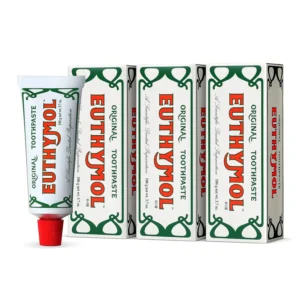 Three tubes of Euthymol's bright pink, fluoride-free toothpaste offering a unique and potent flavored oral care experience for healthy teeth and gums, rooted in over 122 years of British heritage.