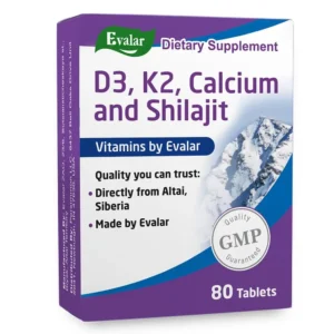 Evalar Mountain Calcium supplement with Siberian herbs and Shilajit in golden tablets for bone health.