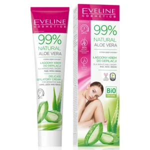 Eveline depilatory cream with aloe vera for sensitive skin, effectively removes hair and moisturizes legs, hands, armpits and bikini area.