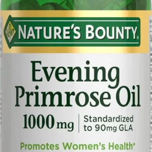 A bottle of Nature's Bounty Evening Primrose Oil 1000mg, a supplement that promotes women's and nutritional health, may help with dry skin, and is standardized to 90mg GLA.