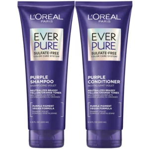 L'Oreal Paris EverPure brass toning purple shampoo and conditioner set neutralizes brassy tones while hydrating blonde, bleached, highlighted, and silver color-treated hair.