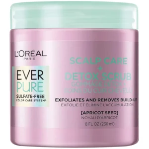 L'Oreal EverPure scalp care detox scrub with apricot seed exfoliates and removes impurities, excess oil, and product buildup for a refreshed, healthy scalp.