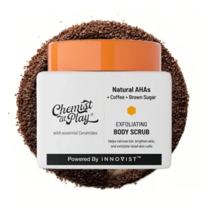 Chemist At Play exfoliating body scrub with coffee and AHAs gently removes tan, dead skin cells, and rough bumps for smooth, bright skin.