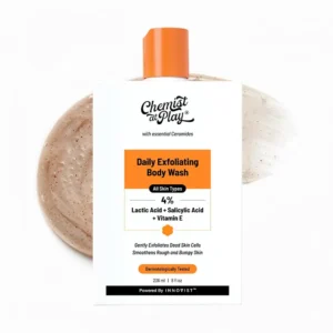 Chemist at Play exfoliating body wash with lactic acid gently exfoliates rough and bumpy skin, revealing smoother, softer skin and even skin tone.