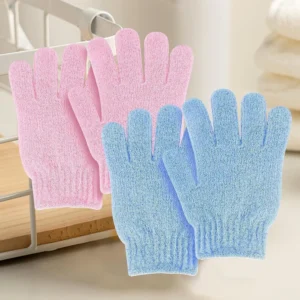 Pink and blue exfoliating bath gloves and sponges for deep cleansing and removing dead skin are displayed in this product image.
