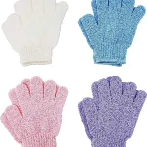 Four sets of premium nylon exfoliating wash mitts in assorted colors, perfect for body scrubs, massage, spa, and shower use by men and women to reveal softer, smoother skin.