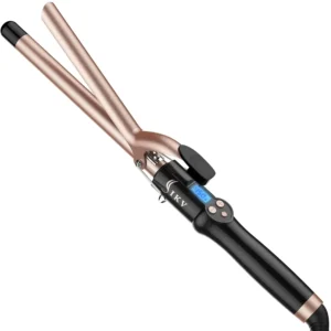 The IKV 3/4 inch extra long barrel curling iron creates perfect, long-lasting curls with less damage thanks to its ceramic coating and negative ion technology, offering dual voltage for global use.