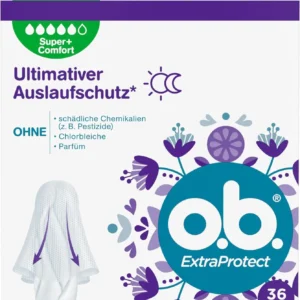 o.b. ExtraProtect Super Plus Comfort tampons with wings offer up to 100% leakage protection for very heavy flow days and nights.