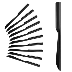 This image showcases a set of 10 eyebrow razors, a dermaplaning tool for women designed to gently remove peach fuzz and exfoliate the face, leaving skin smooth.