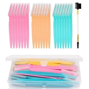 A set of 21 eyebrow razors in blue, pink, and yellow, along with an eyelash brush, for facial hair removal, dermaplaning, and eyebrow shaping, packaged in a clear plastic case.