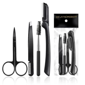 This 4-in-1 eyebrow razor kit for women and men includes a razor, tweezers, scissors, and eyelash roller for safe, effective, and painless grooming.