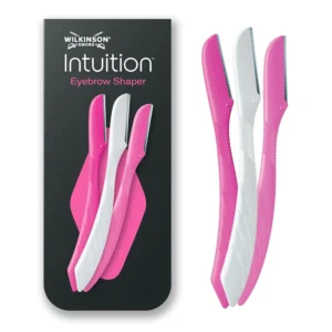 This is a pack of three Wilkinson Sword Intuition eyebrow shapers for women, designed to gently remove fine facial hair and exfoliate skin for smoother makeup application.