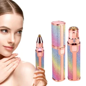 Rainbow glitter electric eyebrow trimmer and facial hair remover with LED light for painless hair removal.