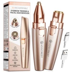 Rose gold 2-in-1 eyebrow trimmer and facial hair remover for women with LED light, perfect for painless hair removal on face, lips, nose, and body.