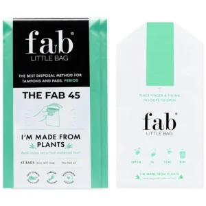 Pack of 45 Fab Little Bag tampon disposal bags, designed for discreetly disposing of tampons, pads, and other feminine hygiene products, shown with included travel case.
