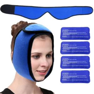 Blue face ice pack wrap with four reusable gel packs, designed for hot and cold therapy to relieve TMJ pain, wisdom teeth extraction discomfort, and facial swelling.