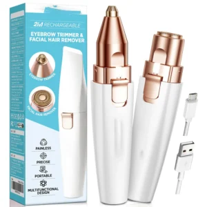 This 2-in-1 white facial hair remover and eyebrow trimmer gently and painlessly removes unwanted hair from the face, lips, and body with its built-in LED light, offering a convenient and effective hair removal solution for women.
