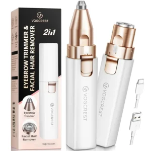 This 2 in 1 VOGCREST electric facial hair remover and eyebrow trimmer for women is portable, rechargeable with a Type-C cable, features a built-in LED light, and offers a smooth, pain-free hair removal experience.