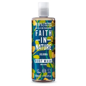 A bottle of Faith In Nature Jojoba Body Wash made with 100% natural fragrance and essential oils, is paraben and SLS free, and contains 100% natural origin ingredients.
