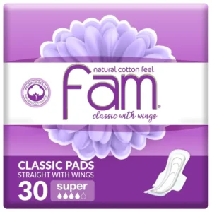 Fam Classic Maxi Pads with wings offer a natural cotton feel, high absorbency, and a soft top sheet to protect sensitive skin from irritation and prevent leakage.