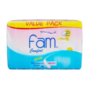 Fam One Step maxi thick super sanitary pads with a natural cotton feel, high absorbency, and soft top sheet to protect against irritation.