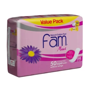 Fam OneStep maxi thick super sanitary pads with a natural cotton feel provide high absorbency and prevent leakage, keeping you dry and comfortable all day.