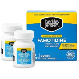 Two bottles of Berkley and Jensen Maximum Strength Famotidine 20mg tablets for heartburn relief are shown.