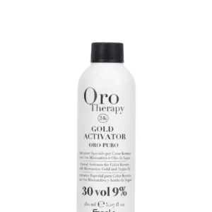 Fanola Oro Puro Gold Activator 30 Vol for hair lightening and coloring, 150ml bottle.