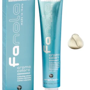 Tube of Fanola Superlight Blonde hair coloring cream for bright, shiny, and reliable platinum blonde results, made in Italy with ginkgo biloba.