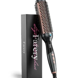 The Farery 2-in-1 ionic thermal brush with tourmaline ceramic and digital display is shown, designed for creating voluminous curls and smooth, shiny hair with reduced frizz.