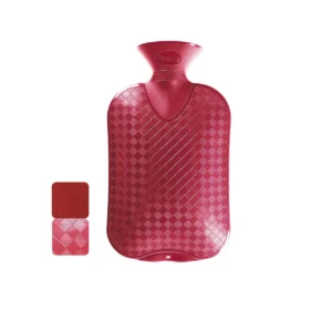 A single ribbed cranberry Fashy hot water bottle, made in Germany, perfect for therapeutic thermal compress.