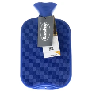 This is a Fashy 2 liter gray hot water bottle with a double-sided ribbed design, a slim neck, and an oversized drain wire, made in Germany with TÜV-tested materials and fade-resistant colors.