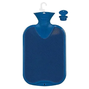 This is a durable, sapphire-colored Fashy hot water bottle with a slim neck for easy and safe filling.