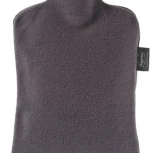A dark gray Fashy hot water bottle with a soft anthracite fleece cover provides soothing warmth.