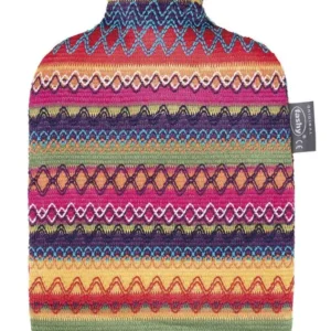 Fashy Peru design 2.0L hot water bottle with a soft, removable polyester and elastane cover and a leak-proof, recyclable thermoplastic bottle.