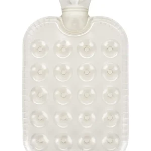 A clear Fashy hot water bottle with a cross-hatched design, made in Germany, perfect for holding heat for longer and using hot or cold.