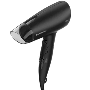The black Panasonic EH-ND37 hair dryer features a foldable handle and styling nozzle for fast, heat-protected drying at home or while traveling.