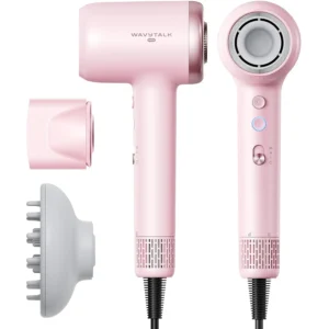 Pink Wavytalk Turblow Pro hair dryer with diffuser attachment, showcasing its lightweight design and high-speed airflow for fast, frizz-free drying.