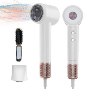 MAXGROOM fast hair dryer utilizes negative ionic technology and a brushless motor for quick, frizz-free drying and quiet operation at home or while traveling.